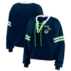 Seattle Seahawks WEAR by Erin Andrews Women's Lace-Up Pullover Sweatshirt - Navy Pullover
