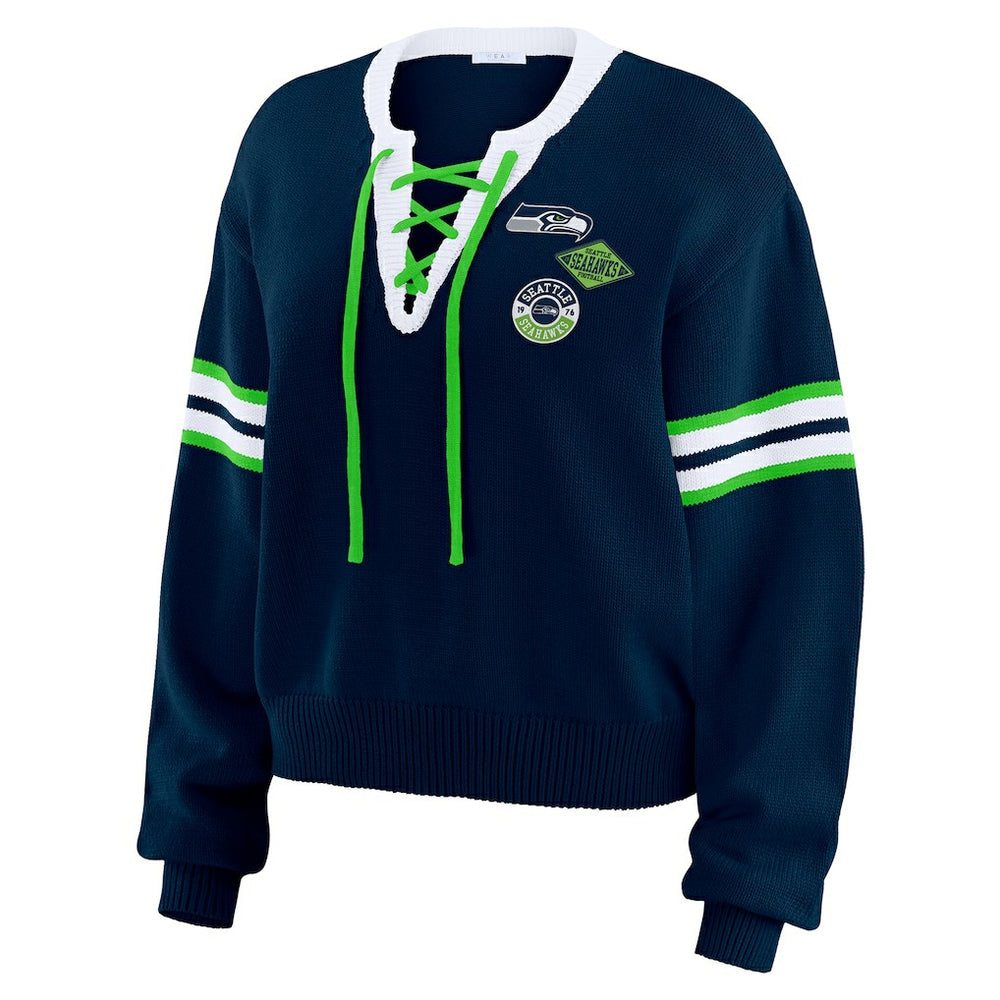 Seattle Seahawks WEAR by Erin Andrews Women's Lace-Up Pullover Sweatshirt - Navy Pullover