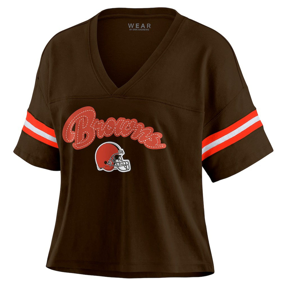 Cleveland Browns WEAR by Erin Andrews Women's Color Block Boxy Modest Crop V-Neck T-Shirt - Brown T-shirts