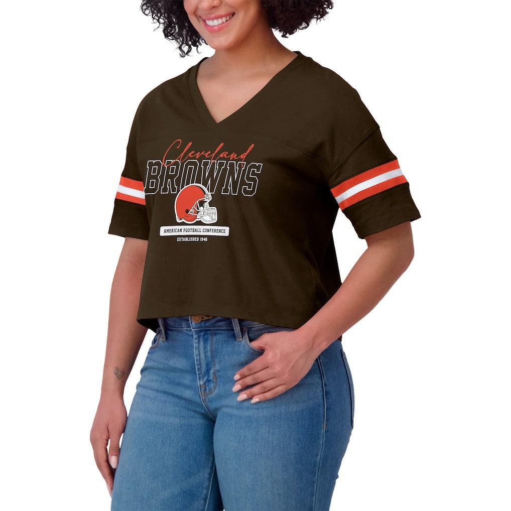 Cleveland Browns WEAR by Erin Andrews Women's Color Block Boxy Modest Crop V-Neck T-Shirt - Brown T-shirts
