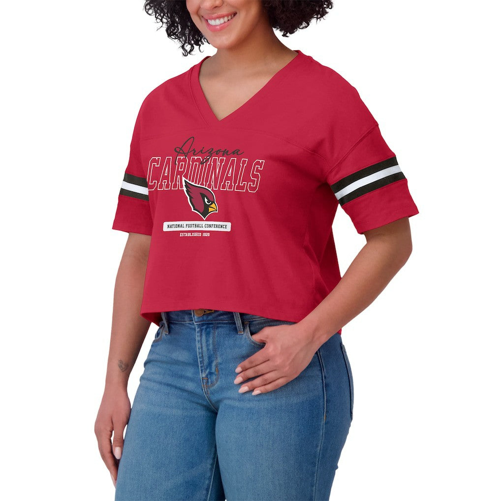 Arizona Cardinals WEAR by Erin Andrews Women's Color Block Boxy Modest Crop V-Neck T-Shirt - Cardinal T-shirts