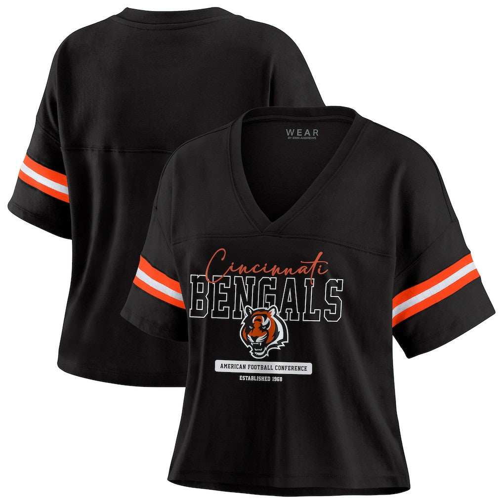 Cincinnati Bengals WEAR by Erin Andrews Women's Color Block Boxy Modest Crop V-Neck T-Shirt - Black T-shirts