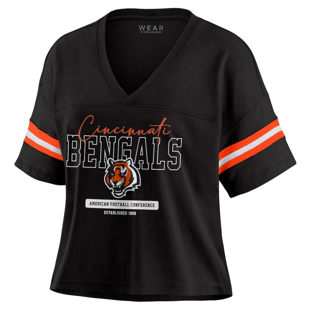 Cincinnati Bengals WEAR by Erin Andrews Women's Color Block Boxy Modest Crop V-Neck T-Shirt - Black T-shirts