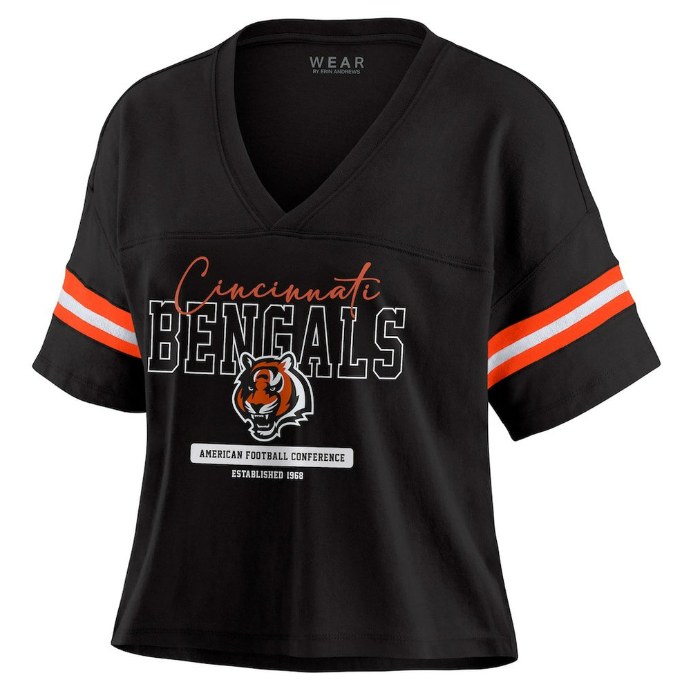 Cincinnati Bengals WEAR by Erin Andrews Women's Color Block Boxy Modest Crop V-Neck T-Shirt - Black T-shirts