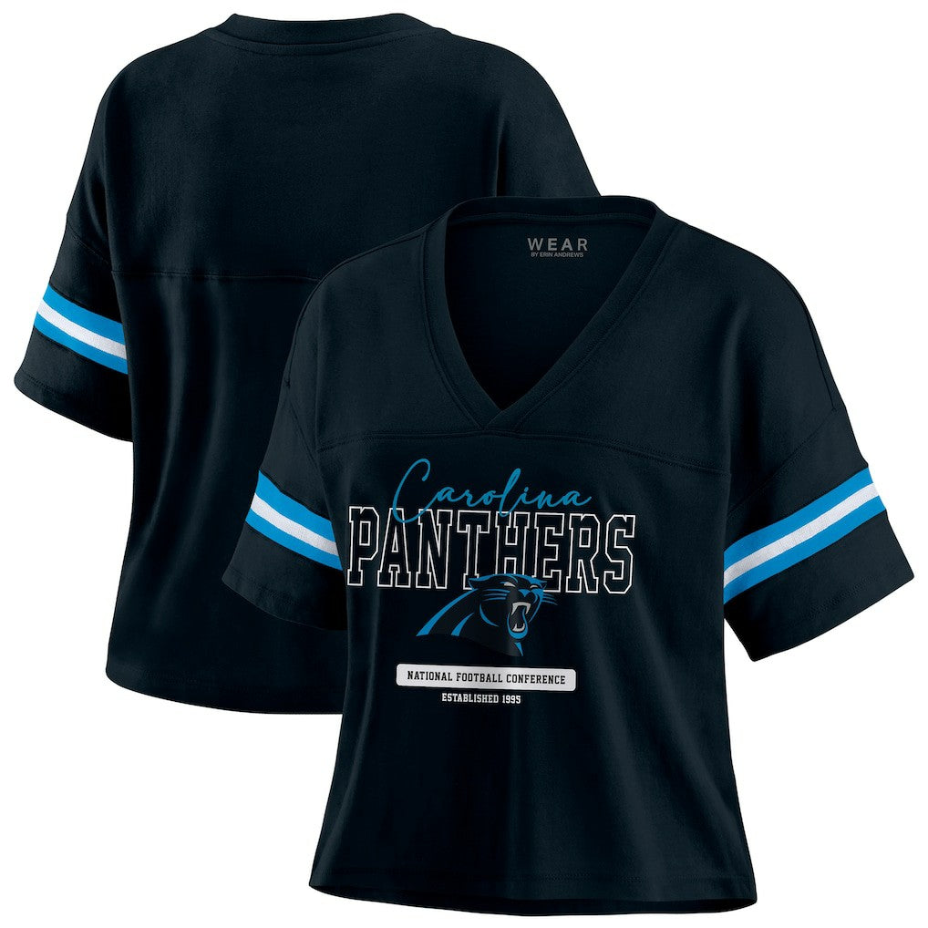 Carolina Panthers WEAR by Erin Andrews Women's Color Block Boxy Modest Crop V-Neck T-Shirt - Black T-shirts