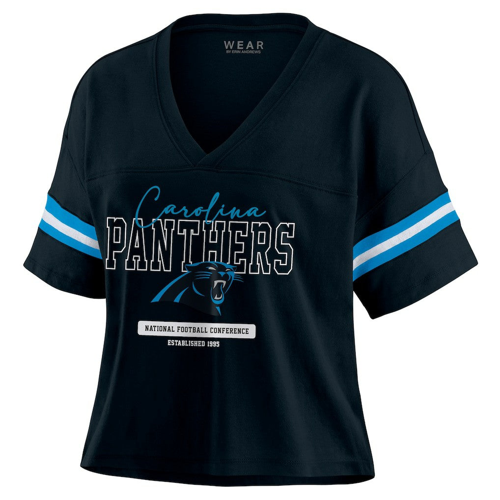 Carolina Panthers WEAR by Erin Andrews Women's Color Block Boxy Modest Crop V-Neck T-Shirt - Black T-shirts