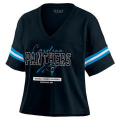 Carolina Panthers WEAR by Erin Andrews Women's Color Block Boxy Modest Crop V-Neck T-Shirt - Black T-shirts
