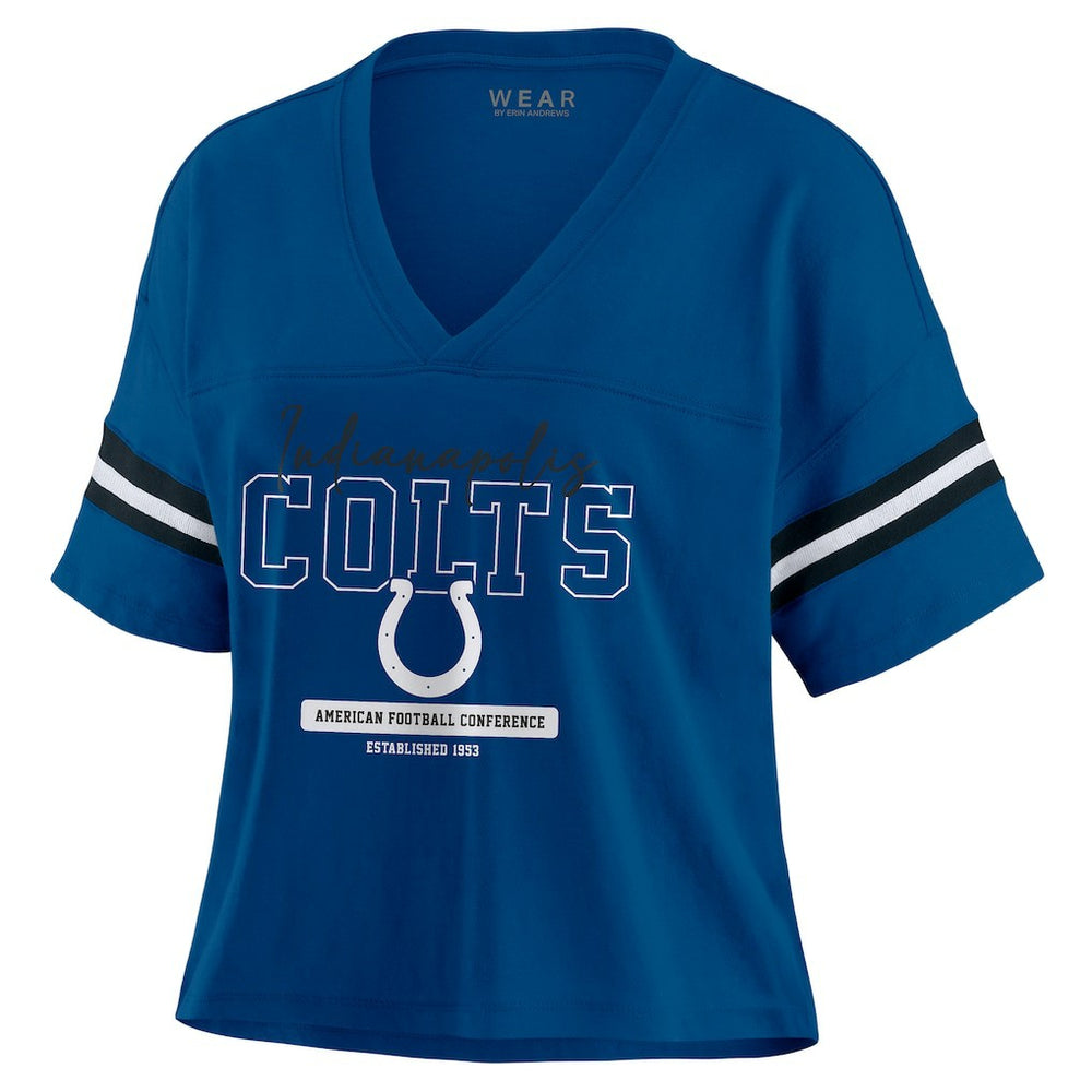 Indianapolis Colts WEAR by Erin Andrews Women's Color Block Boxy Modest Crop V-Neck T-Shirt - Royal T-shirts