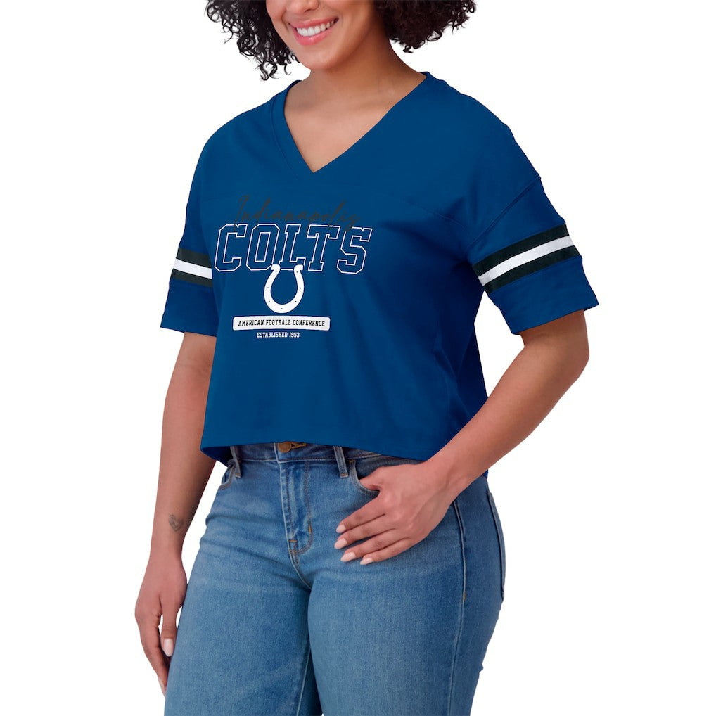 Indianapolis Colts WEAR by Erin Andrews Women's Color Block Boxy Modest Crop V-Neck T-Shirt - Royal T-shirts