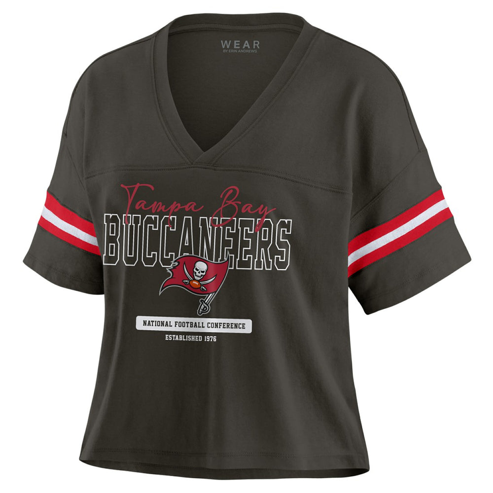 Tampa Bay Buccaneers WEAR by Erin Andrews Women's Color Block Boxy Modest Crop V-Neck T-Shirt - Orange T-shirts
