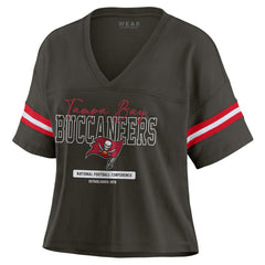 Tampa Bay Buccaneers WEAR by Erin Andrews Women's Color Block Boxy Modest Crop V-Neck T-Shirt - Orange T-shirts
