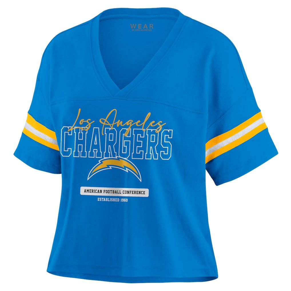 Los Angeles Chargers WEAR by Erin Andrews Women's Color Block Boxy Modest Crop V-Neck T-Shirt - Powder Blue T-shirts
