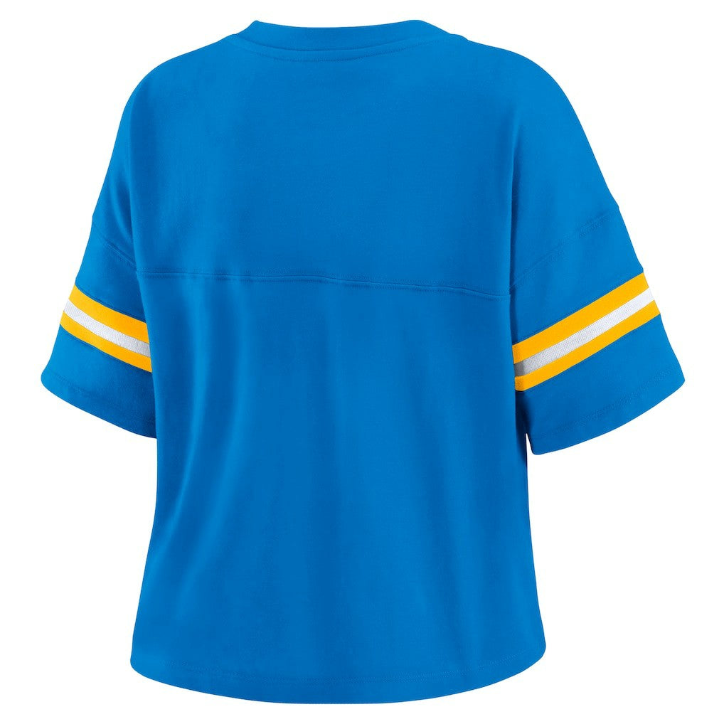 Los Angeles Chargers WEAR by Erin Andrews Women's Color Block Boxy Modest Crop V-Neck T-Shirt - Powder Blue T-shirts