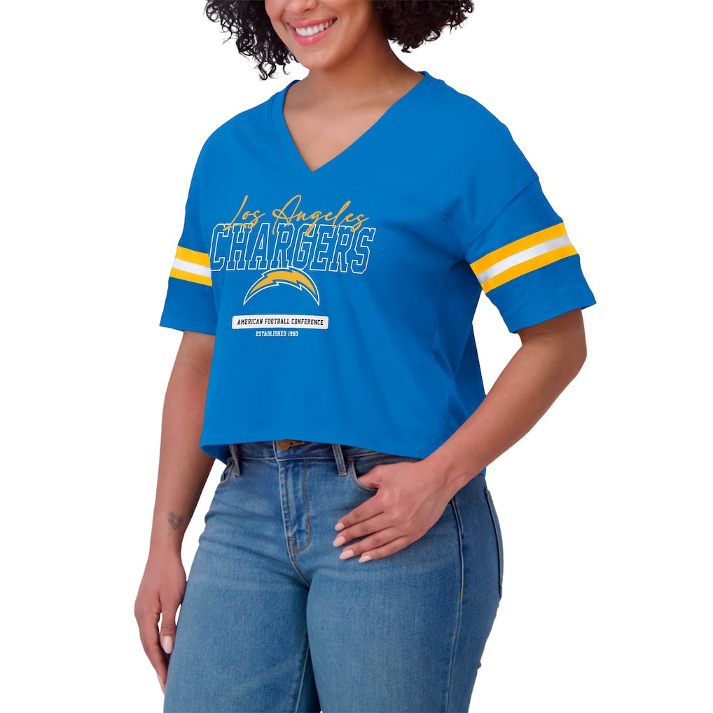 Los Angeles Chargers WEAR by Erin Andrews Women's Color Block Boxy Modest Crop V-Neck T-Shirt - Powder Blue T-shirts
