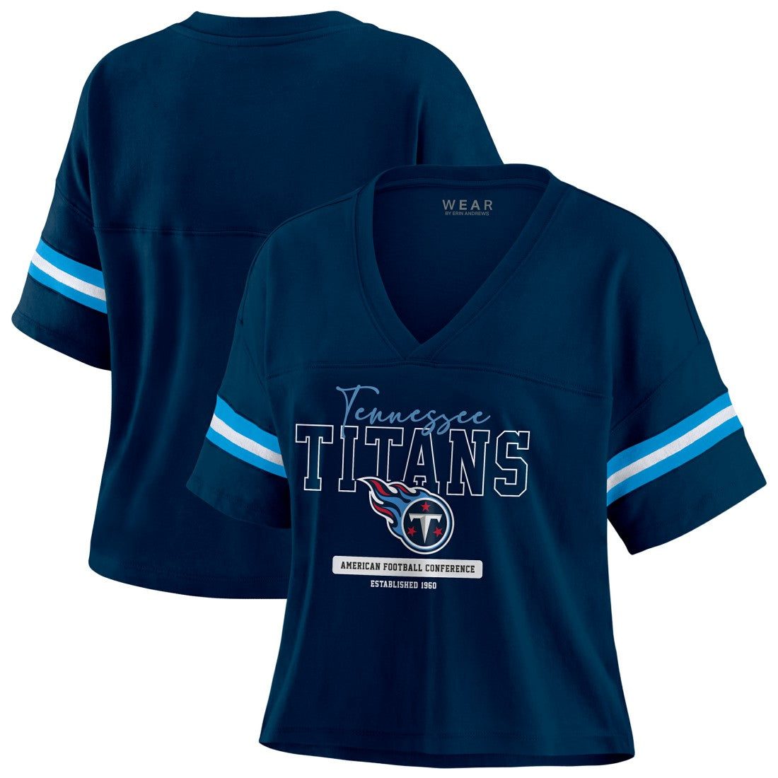 Tennessee Titans WEAR by Erin Andrews Women's Color Block Boxy Modest Crop V-Neck T-Shirt - Navy T-shirts