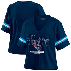 Tennessee Titans WEAR by Erin Andrews Women's Color Block Boxy Modest Crop V-Neck T-Shirt - Navy T-shirts