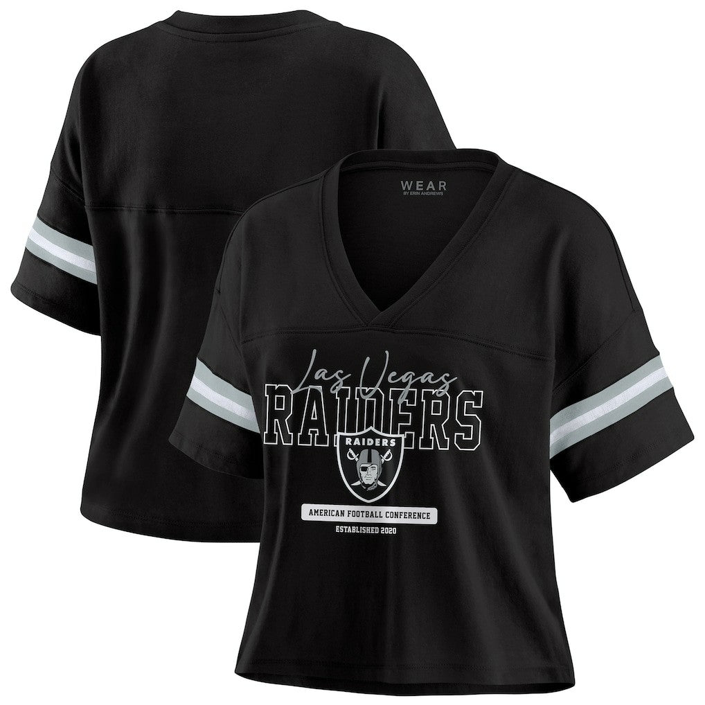Las Vegas Raiders WEAR by Erin Andrews Women's Color Block Boxy Modest Crop V-Neck T-Shirt - Black T-shirts
