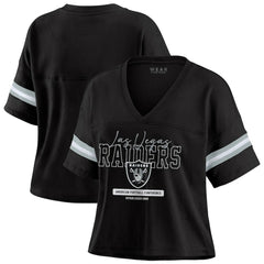 Las Vegas Raiders WEAR by Erin Andrews Women's Color Block Boxy Modest Crop V-Neck T-Shirt - Black T-shirts