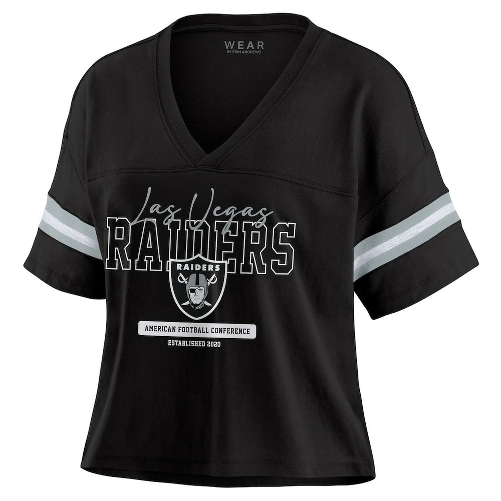 Las Vegas Raiders WEAR by Erin Andrews Women's Color Block Boxy Modest Crop V-Neck T-Shirt - Black T-shirts