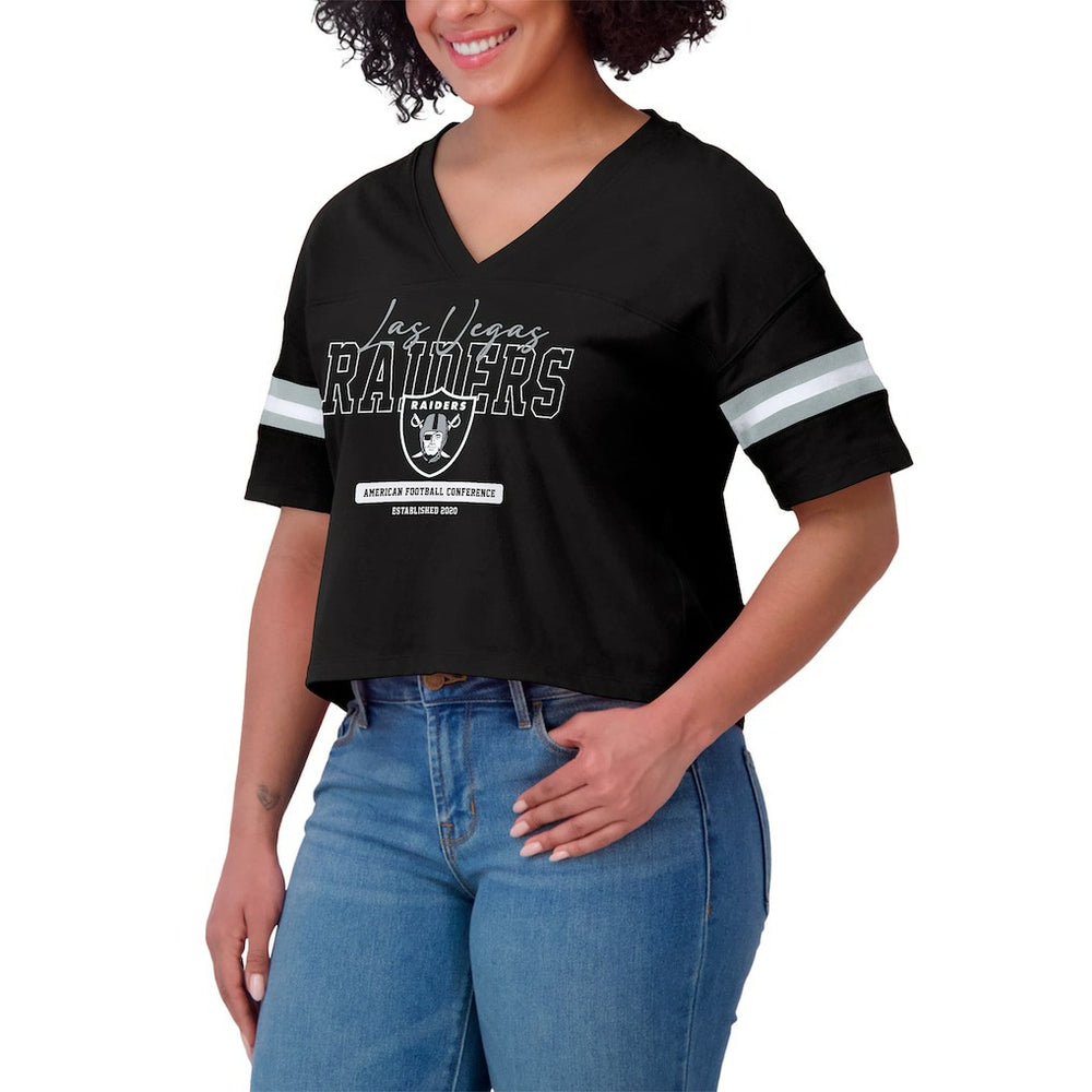 Las Vegas Raiders WEAR by Erin Andrews Women's Color Block Boxy Modest Crop V-Neck T-Shirt - Black T-shirts