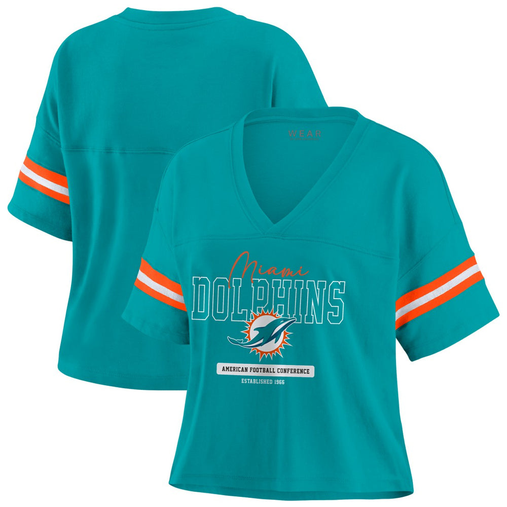 Miami Dolphins WEAR by Erin Andrews Women's Color Block Boxy Modest Crop V-Neck T-Shirt - Aqua T-shirts