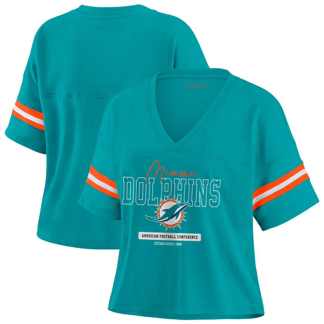 Miami Dolphins WEAR by Erin Andrews Women's Color Block Boxy Modest Crop V-Neck T-Shirt - Aqua T-shirts