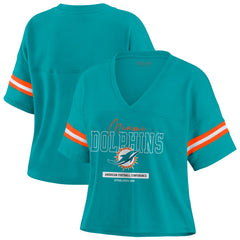 Miami Dolphins WEAR by Erin Andrews Women's Color Block Boxy Modest Crop V-Neck T-Shirt - Aqua T-shirts