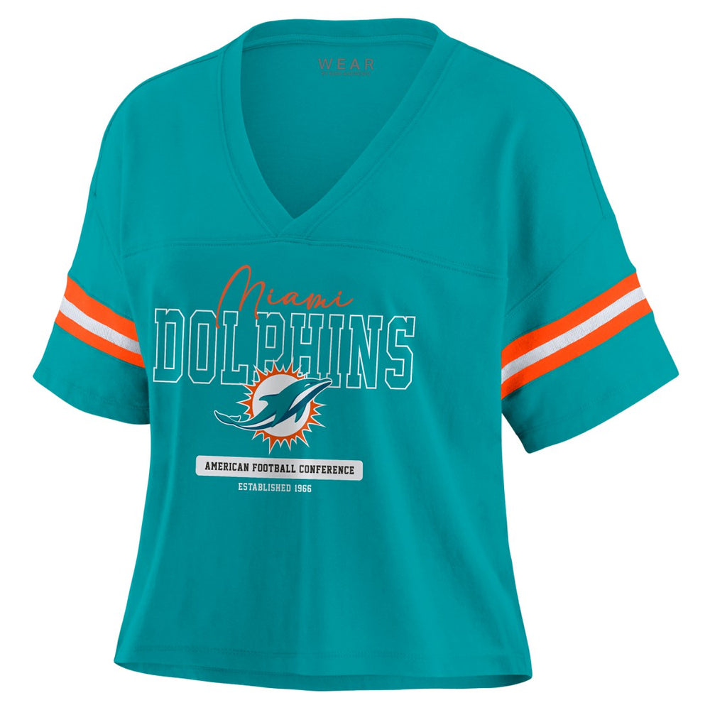 Miami Dolphins WEAR by Erin Andrews Women's Color Block Boxy Modest Crop V-Neck T-Shirt - Aqua T-shirts