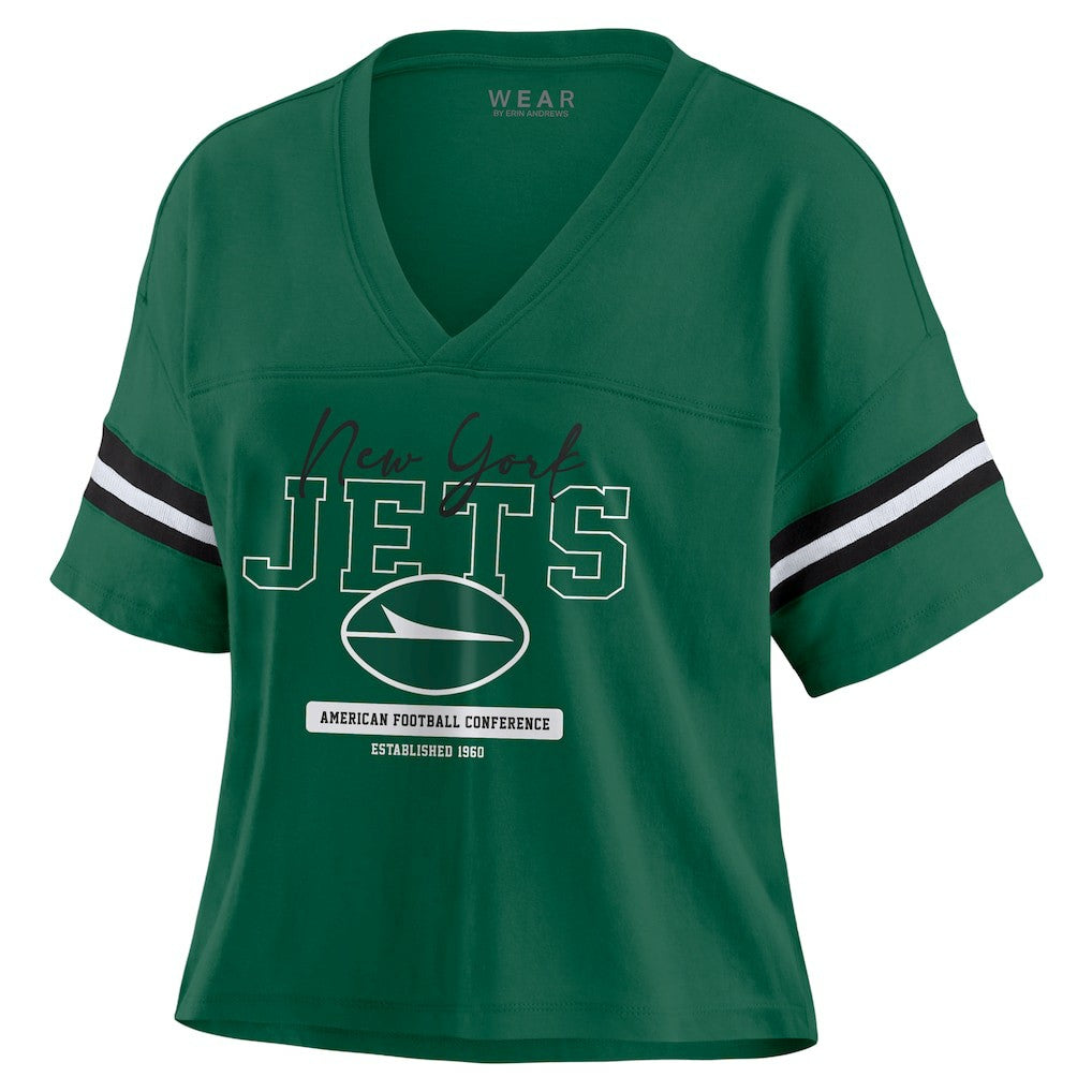 New York Jets WEAR by Erin Andrews Women's Color Block Boxy Modest Crop V-Neck T-Shirt - Green T-shirts