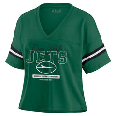 New York Jets WEAR by Erin Andrews Women's Color Block Boxy Modest Crop V-Neck T-Shirt - Green T-shirts
