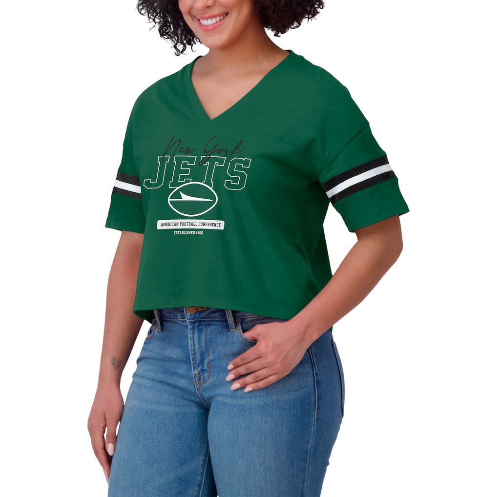New York Jets WEAR by Erin Andrews Women's Color Block Boxy Modest Crop V-Neck T-Shirt - Green T-shirts