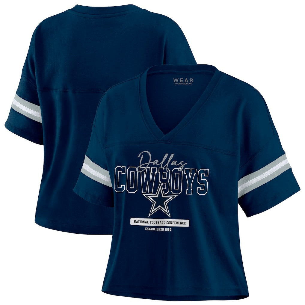 Dallas Cowboys WEAR by Erin Andrews Women's Color Block Boxy Modest Crop V-Neck T-Shirt - Navy T-shirts