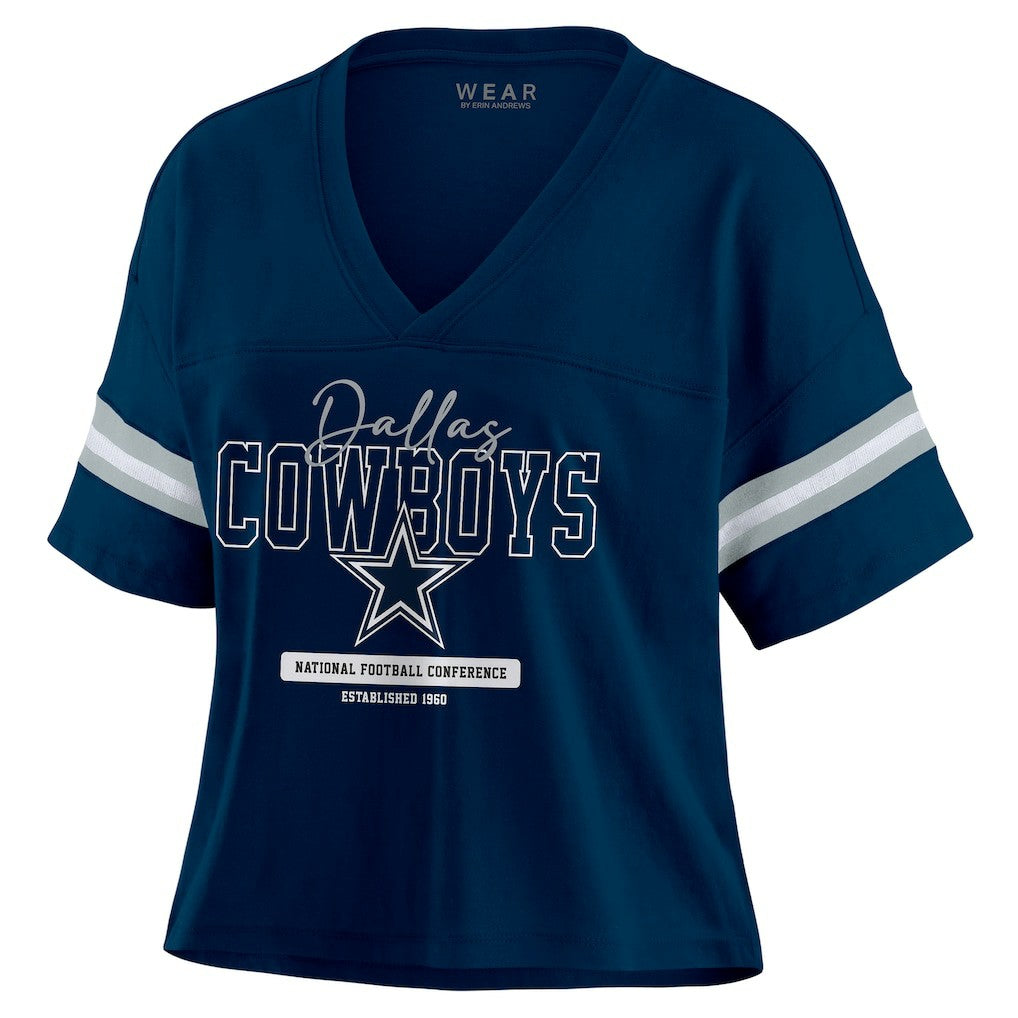 Dallas Cowboys WEAR by Erin Andrews Women's Color Block Boxy Modest Crop V-Neck T-Shirt - Navy T-shirts