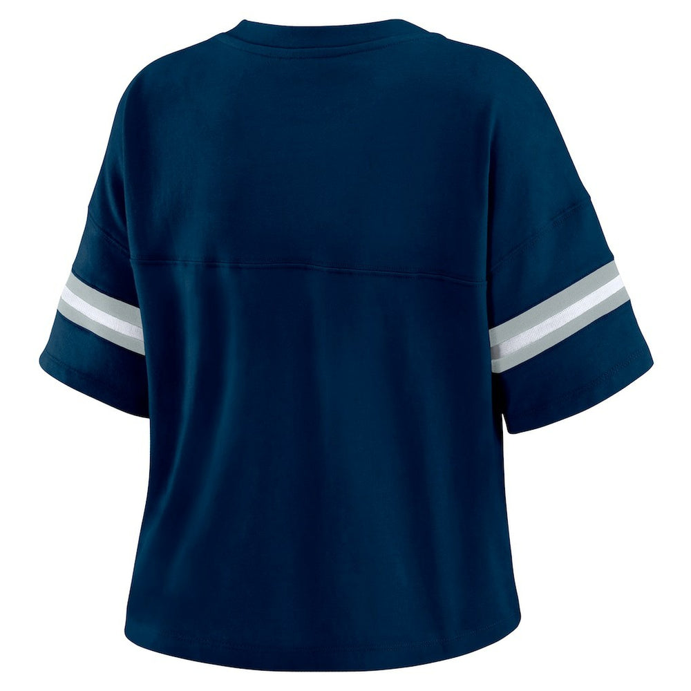 Dallas Cowboys WEAR by Erin Andrews Women's Color Block Boxy Modest Crop V-Neck T-Shirt - Navy T-shirts