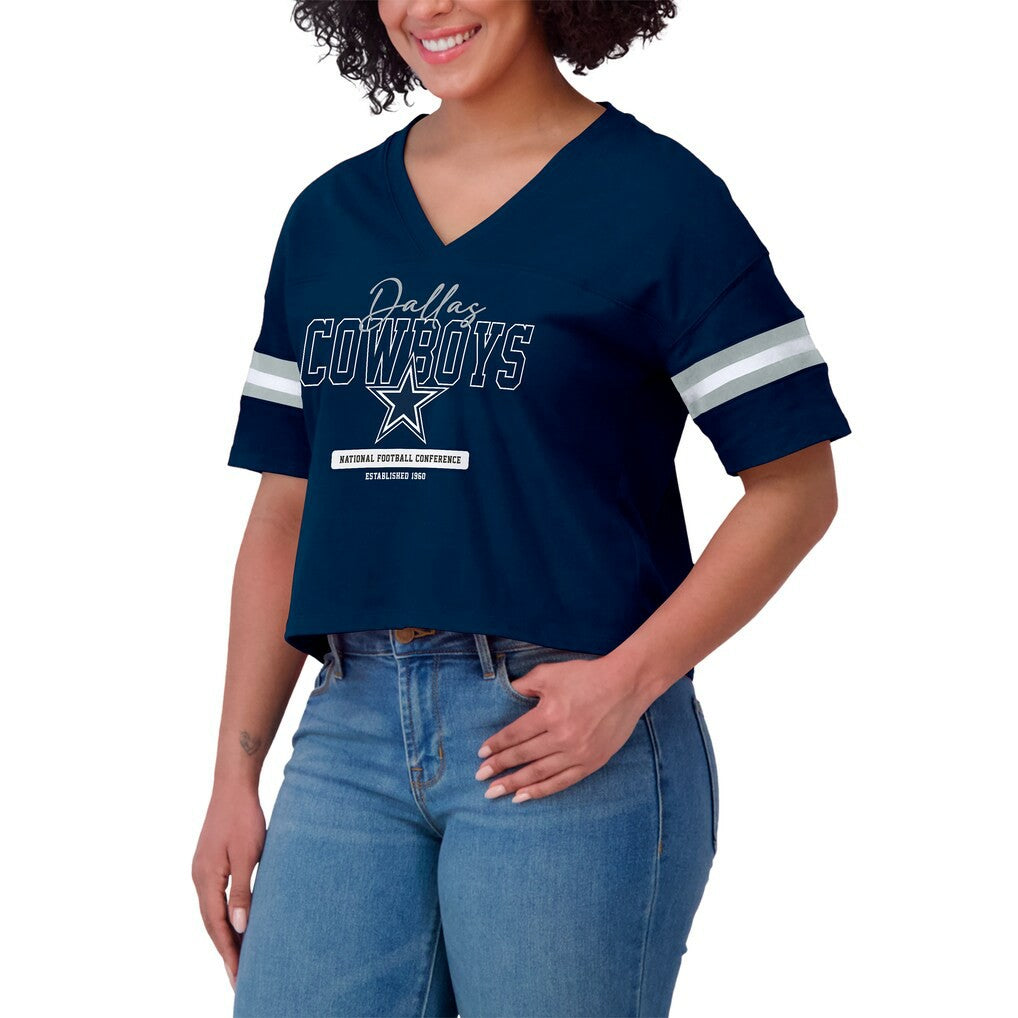 Dallas Cowboys WEAR by Erin Andrews Women's Color Block Boxy Modest Crop V-Neck T-Shirt - Navy T-shirts