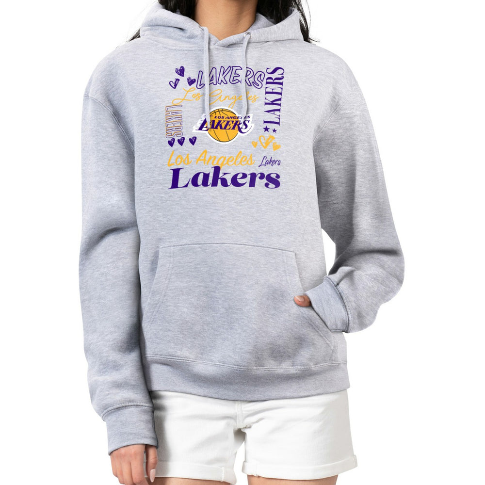 Los Angeles Lakers G-III 4Her by Carl Banks Women's Team Collage Graphic Fleece Pullover Hoodie Heather Gray
