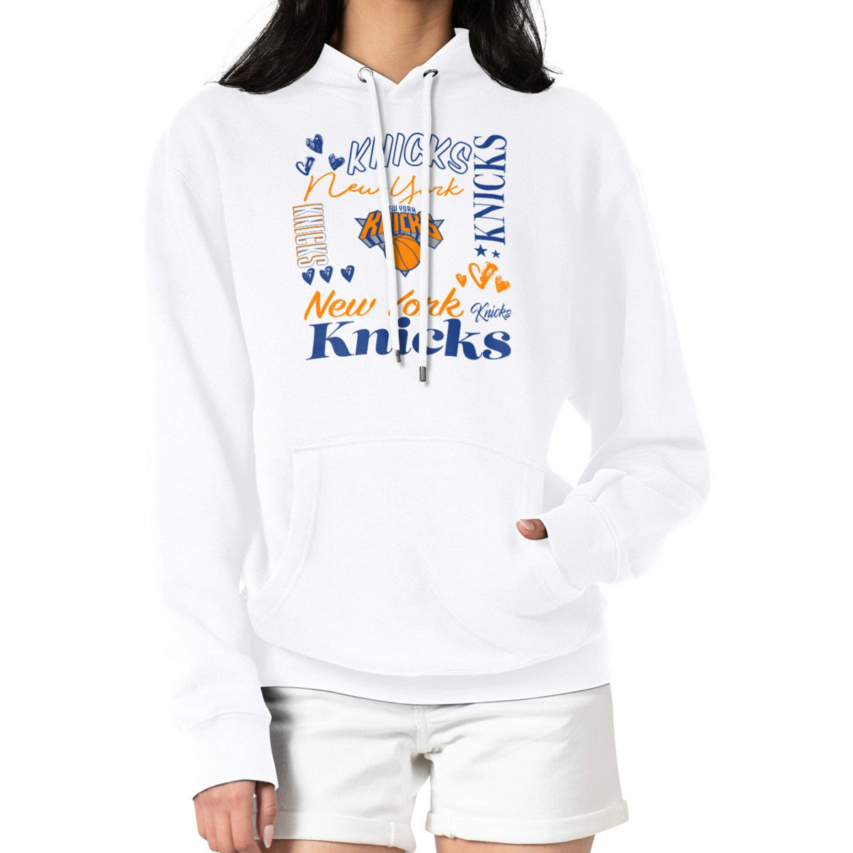 New York Knicks G-III 4Her by Carl Banks Women's Team Collage Graphic Fleece Pullover Hoodie White