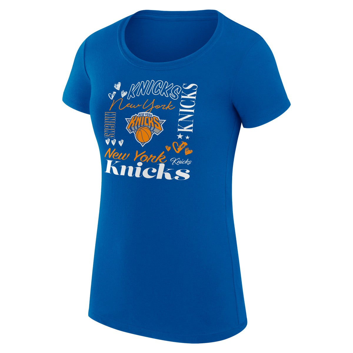 New York Knicks G-III 4Her by Carl Banks Women's Super-Slim Fit Lightweight Team Name Collage Graphic T-Shirt Blue