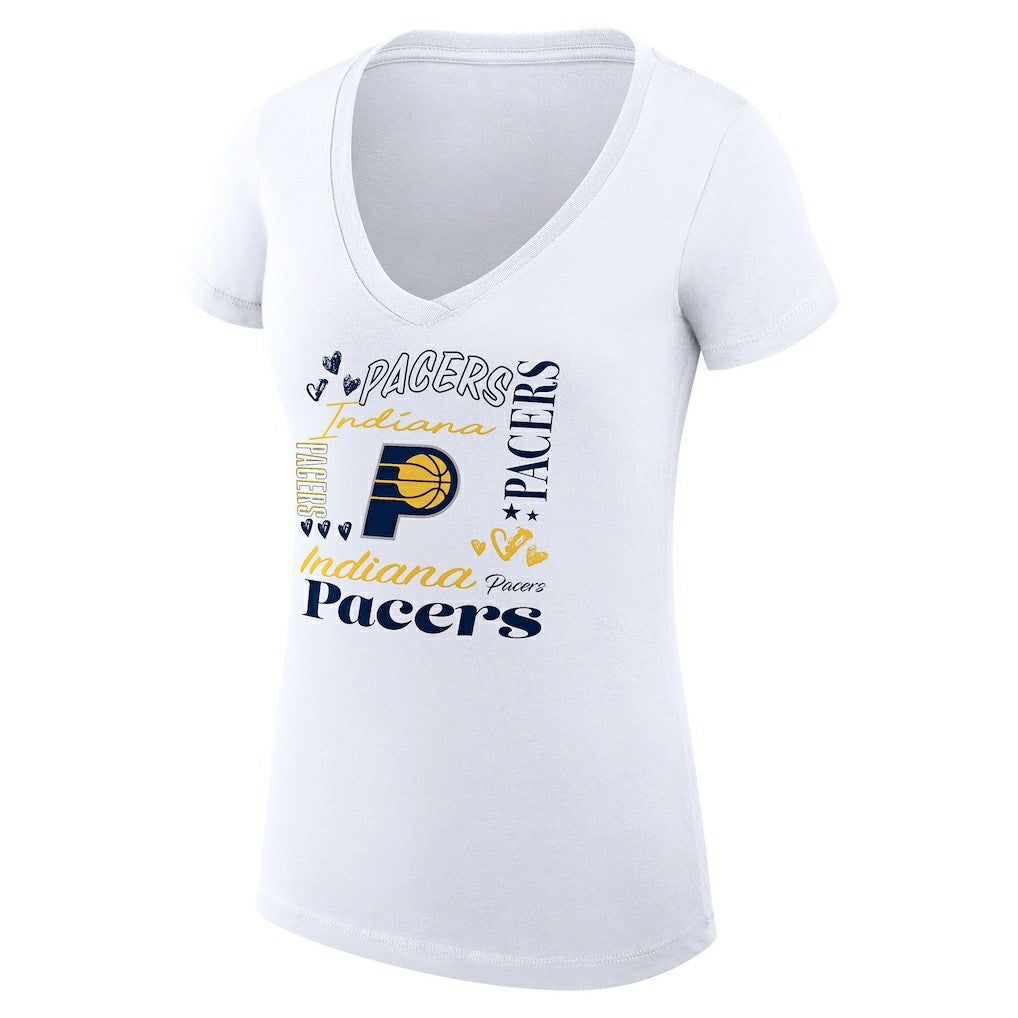 Indiana Pacers G-III 4Her by Carl Banks Women's Super-Slim Fit Lightweight Team Name Collage Graphic V-Neck T-Shirt White outlet