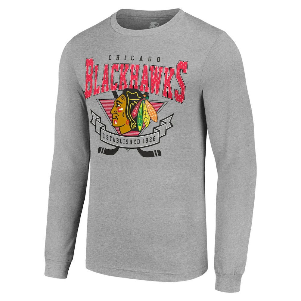 Chicago Blackhawks Starter '80s Inspired Team Logo Long Sleeve T-Shirt - Heather Gray | US 201591843