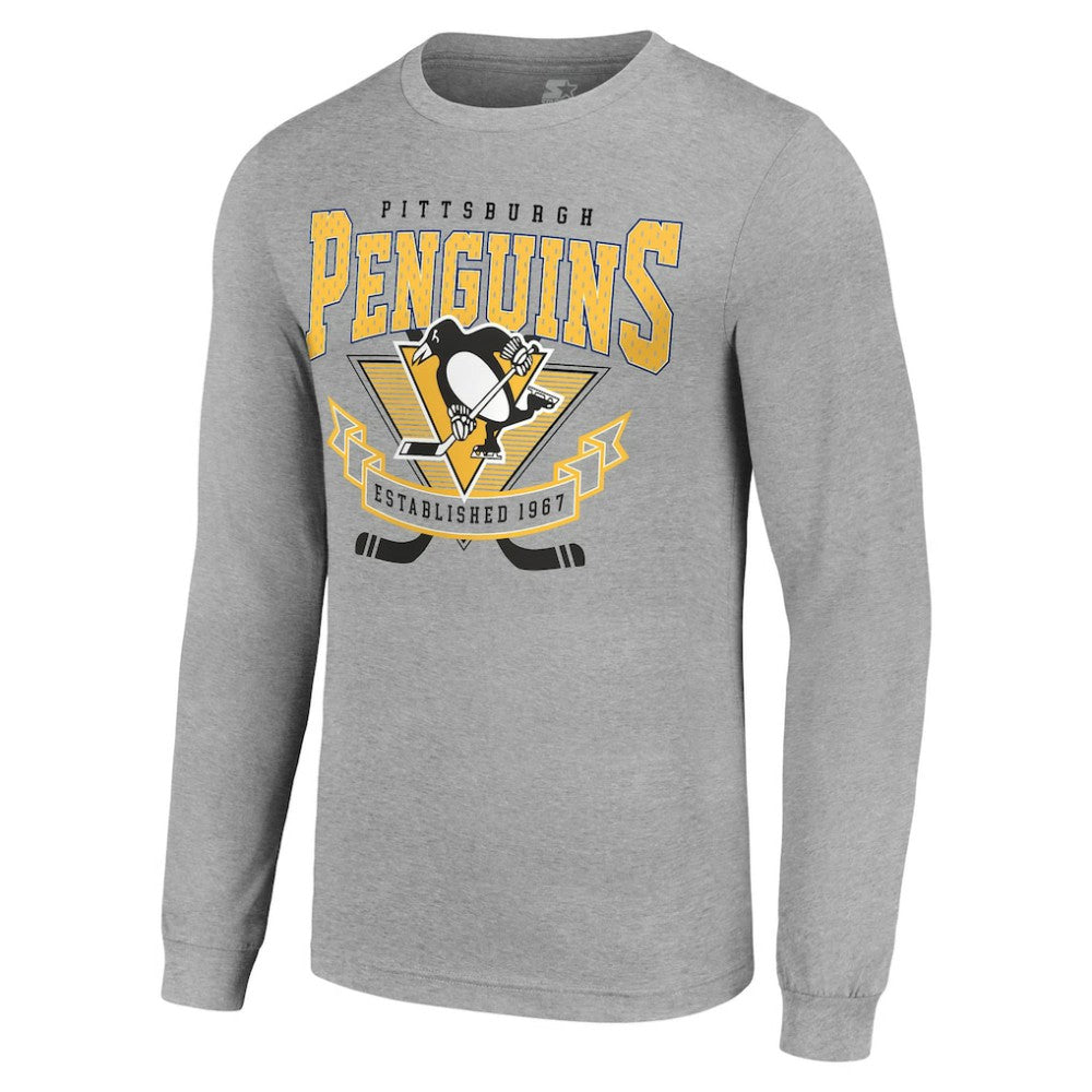 Pittsburgh Penguins Starter '80s Inspired Team Logo Long Sleeve T-Shirt - Heather Gray | US 201591856