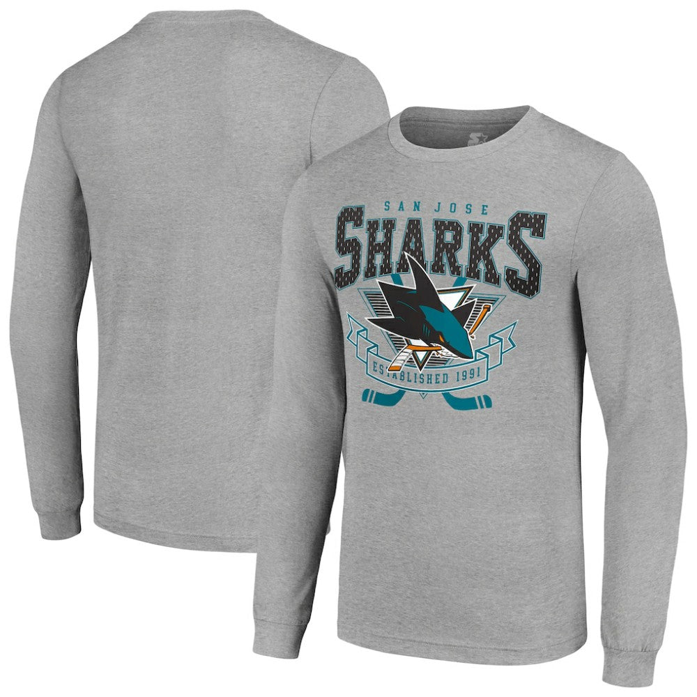 San Jose Sharks Starter '80s Inspired Team Logo Long Sleeve T-Shirt - Heather Gray | US 201591857
