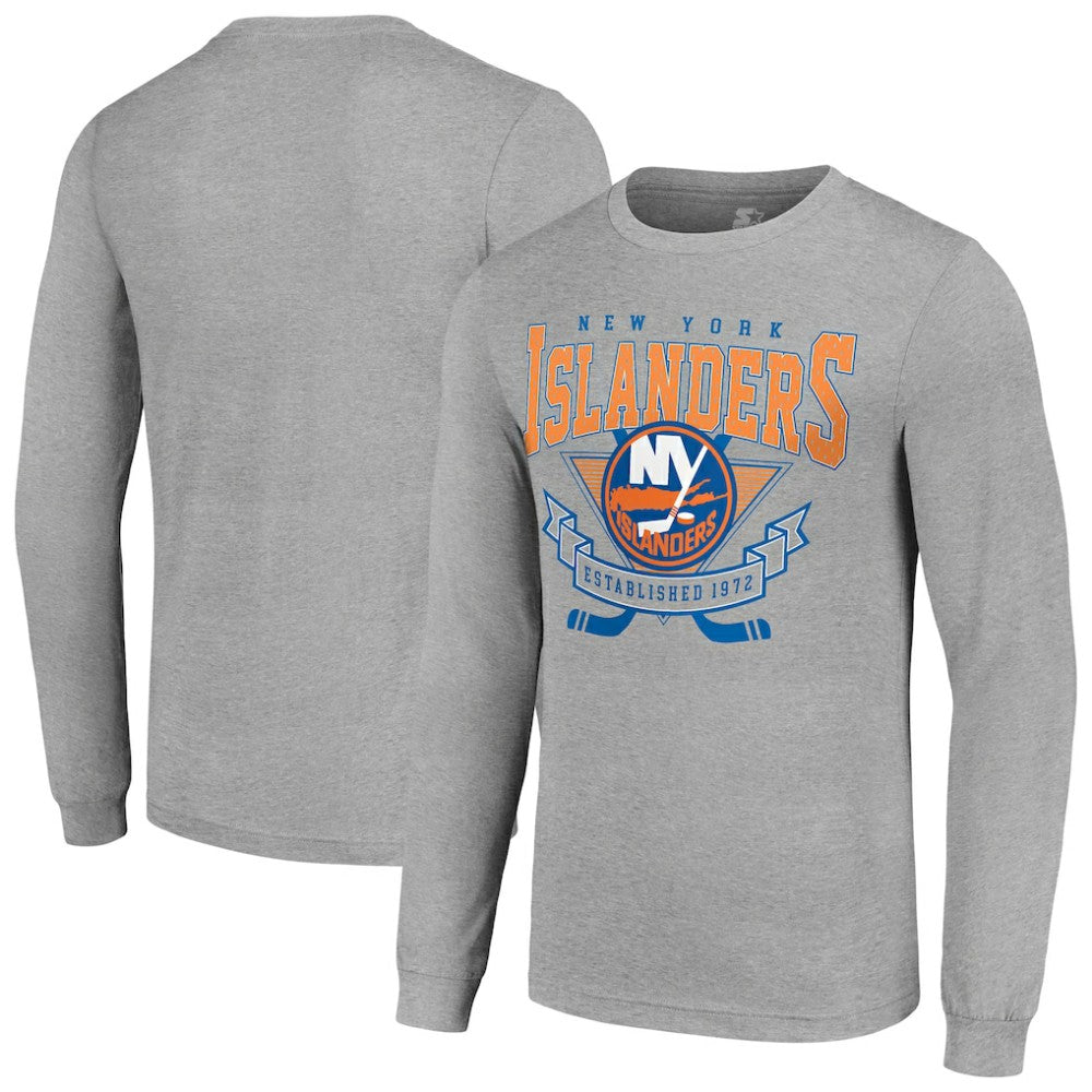 New York Islanders Starter '80s Inspired Team Logo Long Sleeve T-Shirt - Heather Gray | US 201591860