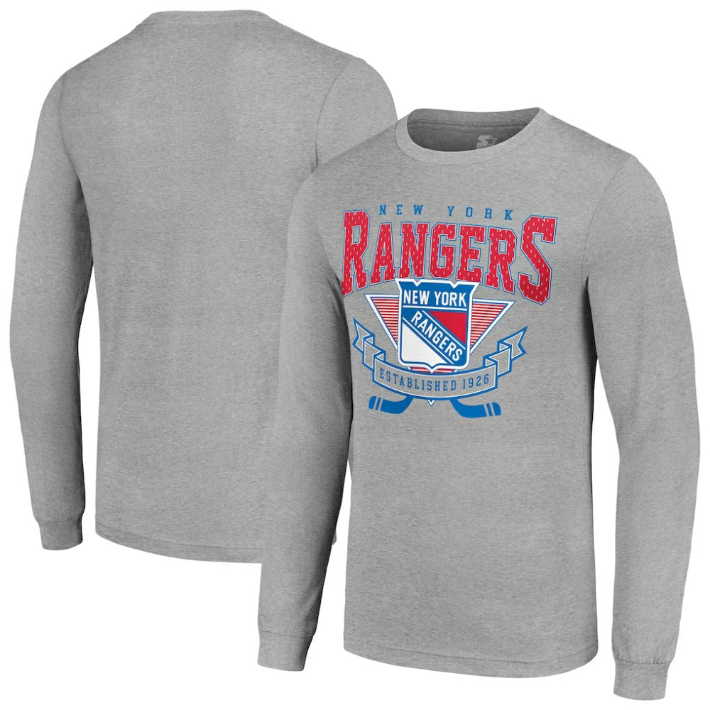New York Rangers Starter '80s Inspired Team Logo Long Sleeve T-Shirt - Heather Gray | US 201591861