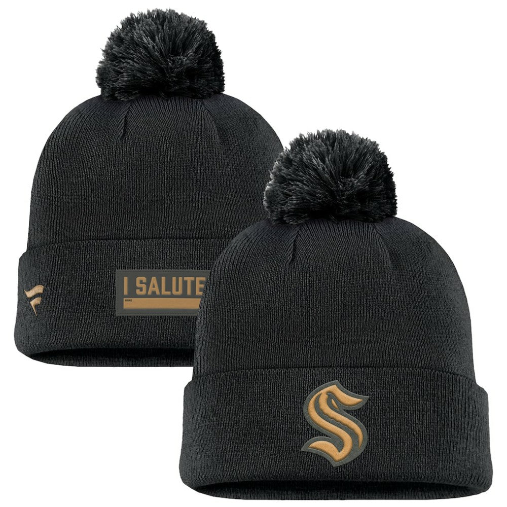 Seattle Kraken Fanatics Military Appreciation Cuffed Knit Hat with Pom - Black | US 201598357