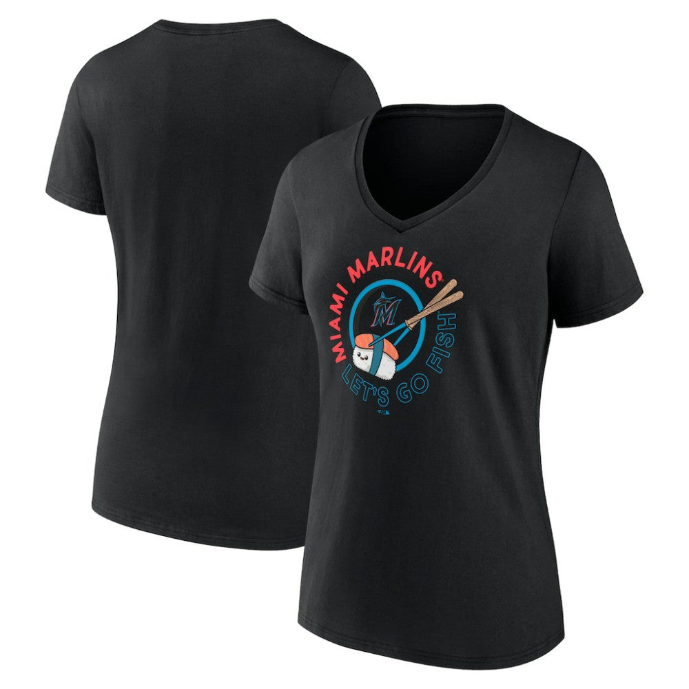 Miami Marlins Women's Let's Go Fish V-Neck T-Shirt - Black T-shirts