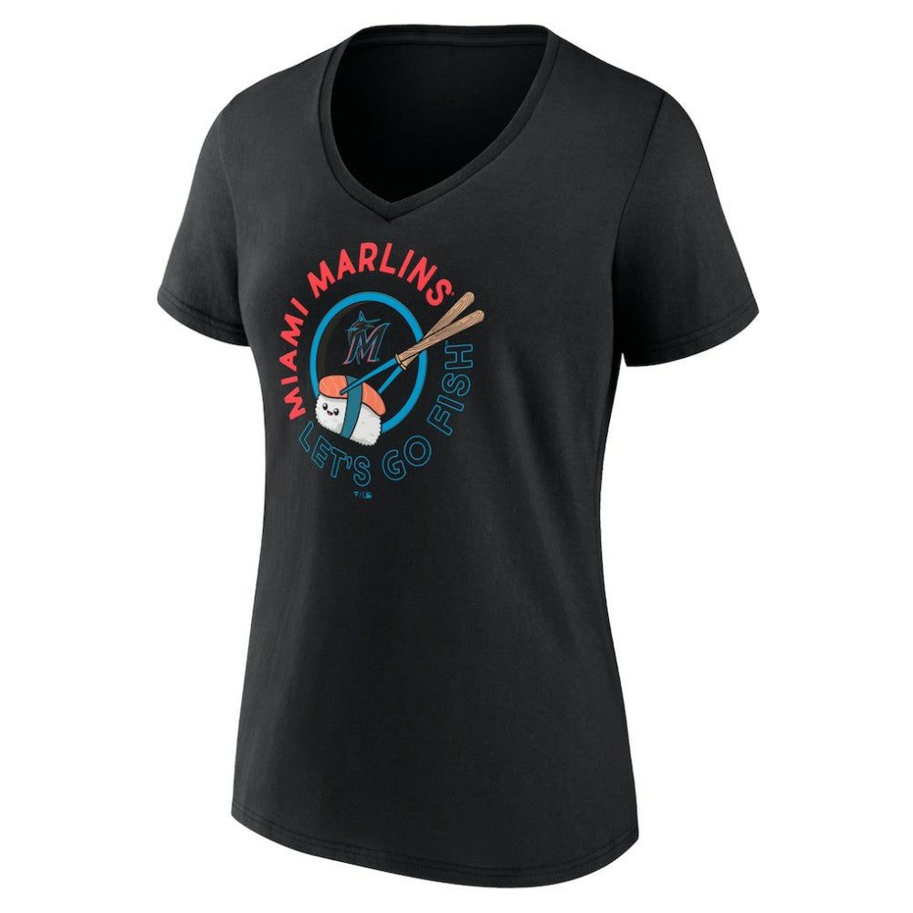 Miami Marlins Women's Let's Go Fish V-Neck T-Shirt - Black T-shirts