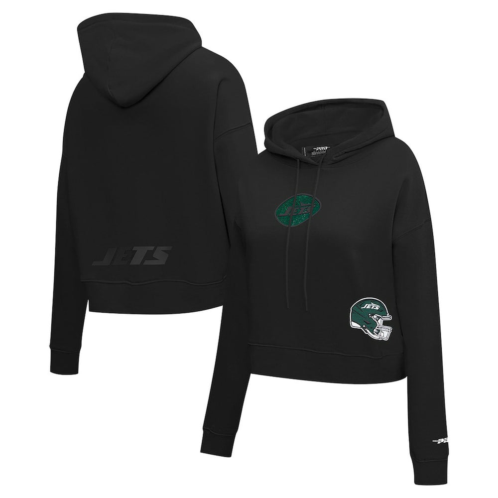 New York Jets Pro Standard Women's Jeweled Cropped Pullover Hoodie - Black Hoodies