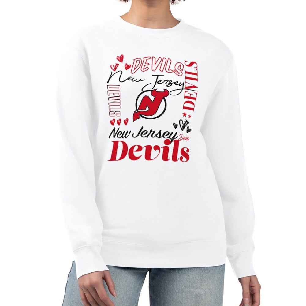 New Jersey Devils G-III 4Her by Carl Banks Women's Collage Graphic Fleece Long Sleeve Pullover Sweatshirt - White | US 201622741
