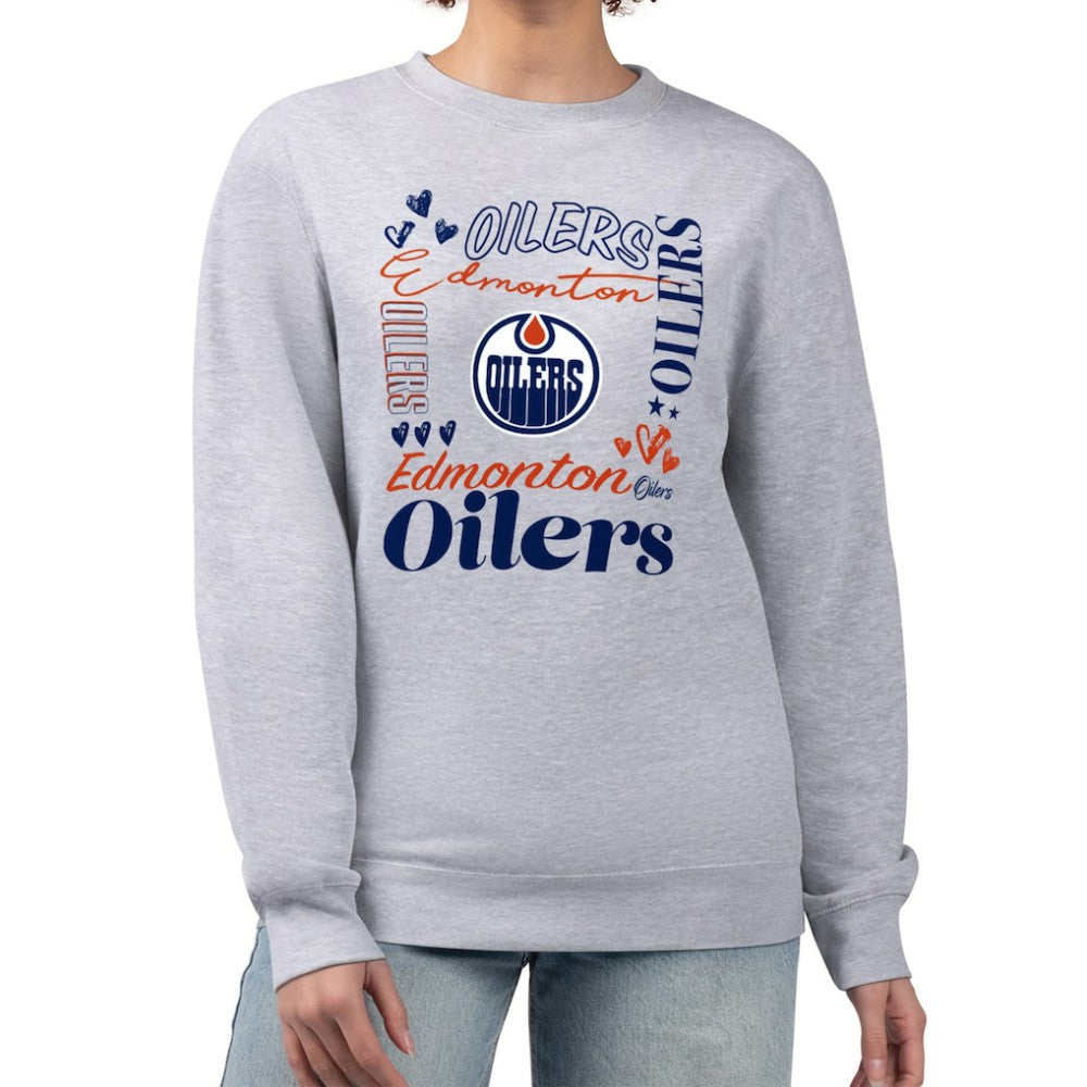 Edmonton Oilers G-III 4Her by Carl Banks Women's Collage Graphic Fleece Long Sleeve Pullover Sweatshirt - Heather Gray | US 201622761